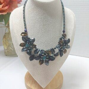 Polished Stone Flower bouquet pendant w/ purple blue black bead accents Necklace